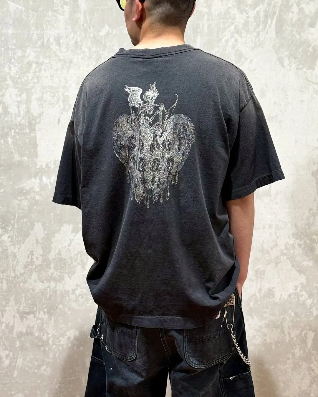 SAINT Mxxxxxx × NEIGHBORHOOD STHD . SS TEE FEARLESS/BLK NBHD Takizawa Shinsuke co-branded whiskey label/love skull angel distressed short sleeves washed black S-XL tube weave without side seam fabric ready-made Assute dyeing custom-woven NBHD co-branded main mark washed mark truly correct version top-level printing process restoration distressed treatment